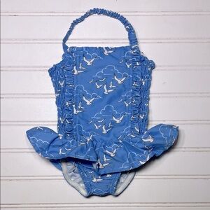 RACHEL RILEY EUC/NWOT Sea Gull Ruffle Smocked Back Halter One Piece Swimsuit